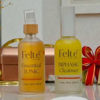 Kit de Oferta Navidad Felté: Biphasic Cleanser 100ml y Essential Tonic 100ml. Productos esenciales Clean Beauty.